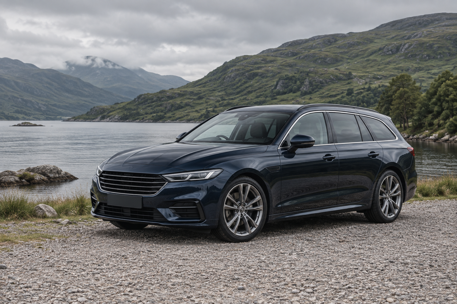 Illustrative blue estate car beside a quiet Scottish loch
